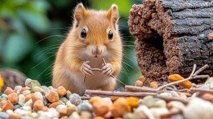 Fototapeta premium The small furry rodent busily carries tiny sticks and pebbles around the miniature construction site