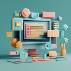 3D Scene Depicting Website Creation with Vibrant and Modern Elements