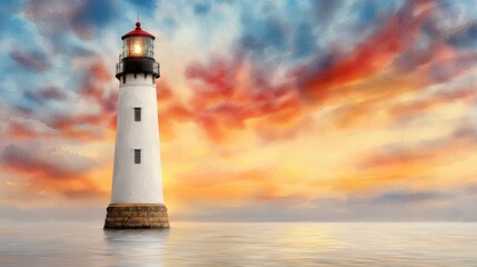 A serene watercolor painting of a majestic lighthouse standing tall against a colorful sunset sky, casting a beam of light on the calm ocean below.