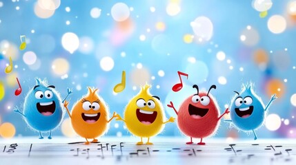 Obraz premium Cute musical notes characters dancing on a vibrant background, celebrating music and joy.