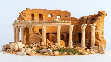 The ruin remains of an ancient amphitheatre stand in contrast against a stark white background, showcasing the intricate architectural details of the Roman era