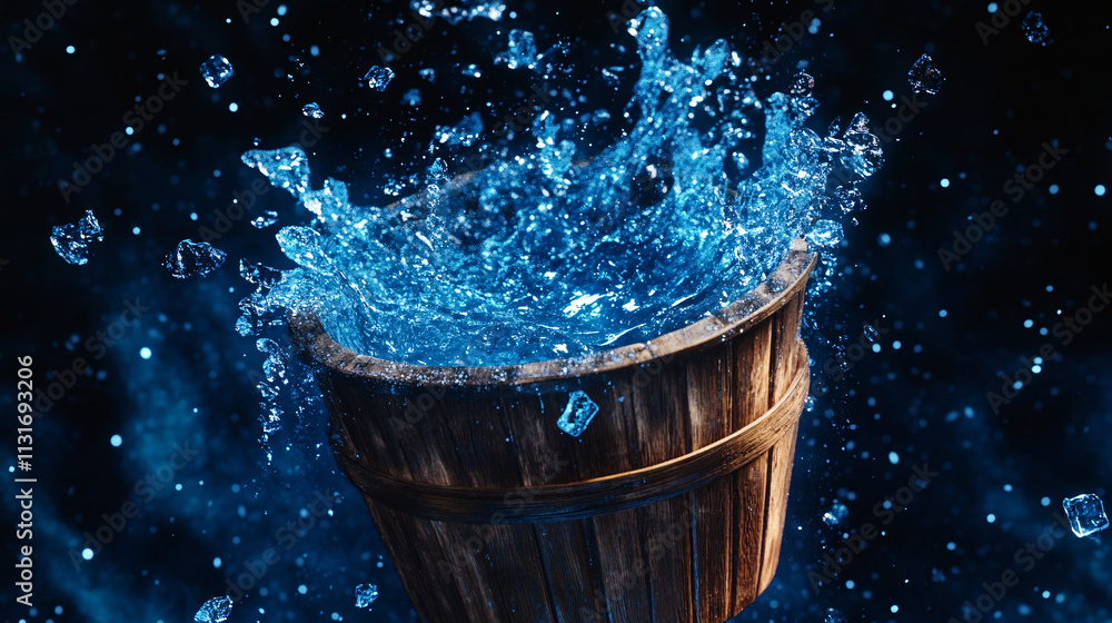 Poster a floating wooden bucket in space, with a stream of water overflowing and transforming into shimmeri
