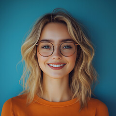 Obraz premium Happy smile woman beautiful wearing glasses Blonde hair in vibrant orange monochromatic setting against blue background