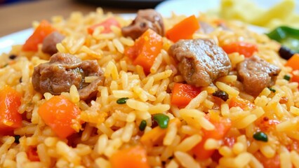 Delicious Beef Fried Rice with Carrots and Peas - Perfect for Food Blogs and Restaurant Menus