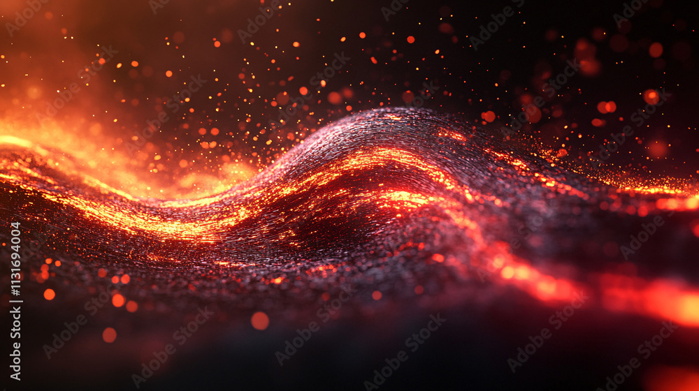 Aufkleber dynamic wave of molten silver and red light, with shimmering particles trailing behind, representing
