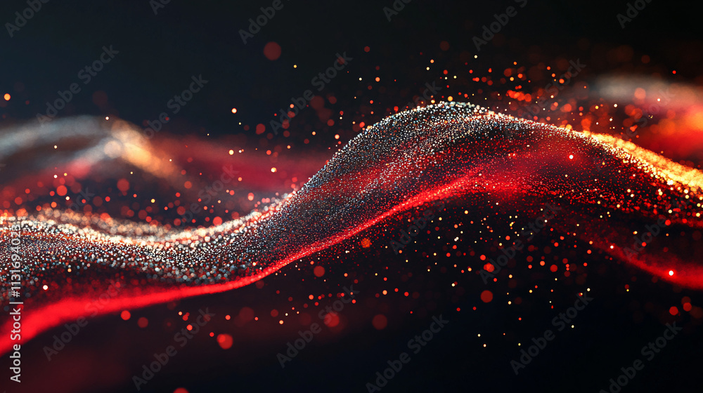 Poster dynamic wave of molten silver and red light, with shimmering particles trailing behind, representing