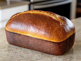 A freshly baked loaf of bread on a countertop, showcasing its golden crust and soft texture.