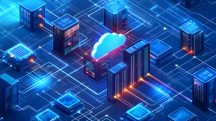 Fototapeta premium Futuristic cloud computing and data storage networks illustration with glowing effects
