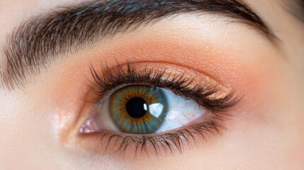 Fototapeta premium The close up image showcases the intricate details of a beautiful female eye with stunning natural makeup, highlighting the subtle shades and textures of her lashes, brow, and eyeshadow.