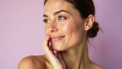Obraz premium A young woman with clear skin smiling and gently holding her face, standing against a pink background. Her expression reflects happiness and confidence, emphasizing beauty and skin care.