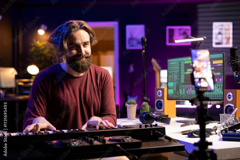 Poster singer hosting internet master class to teach piano lessons on social media, explaining electronic k