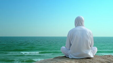 Fototapeta premium Solitary Figure in White Hoodie Meditating Peacefully by the Ocean Shoreline
