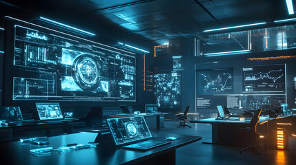 Obraz premium Futuristic Control Room with Advanced Technology and Data Visualization Displays