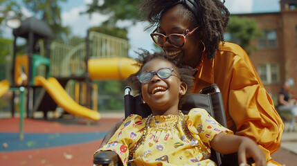 Smiling african american mother and disabled child in a wheelchair bonding outdoors together in a playground. Supportive inclusive family with handicapped children. 