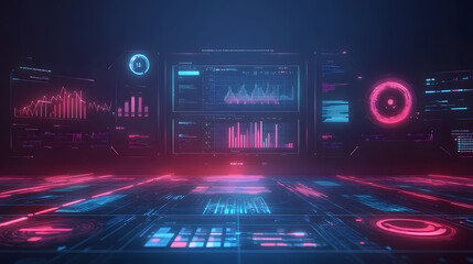 Obraz premium Futuristic user interface with glowing abstract elements and data visualizations in neon colors