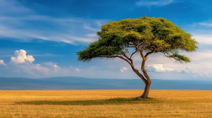 Fototapeta premium An image featuring a lone tree in a vast open field, with the focus on the simplicity and beauty of nature through the use of minimalistic design and negative space.