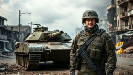 Fototapeta premium Military Soldier in Urban Combat Zone with Tank - Ideal for War, Conflict, and Military Themes
