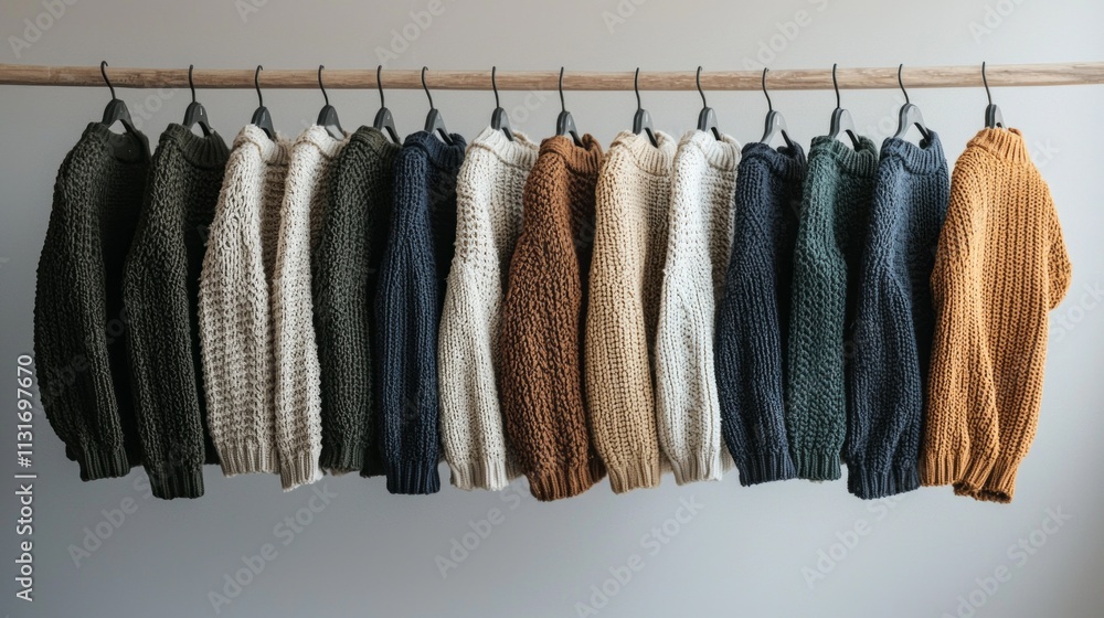 Aufkleber a colorful array of knitted sweaters is displayed on a wooden line, showcasing texture and warmth. t
