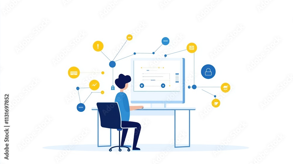 Poster person works on computer managing workflow automation. person sits at desk in office, looking at scr