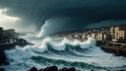Obraz premium Gigantic Ocean Waves Crashing Against a Coastal Town During a Storm