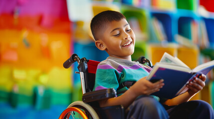 Inclusive image of a happy handicapped mixed race school pupil reading a library book. Smiling disabled african boy sitting in a wheelchair. Disability inclusion in education	