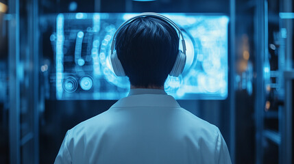 Rear back view of doctor wearing headphones, looking at digital hologram display screen. futuristic technology interface in health care clinic, virtual screen innovation, hospital medicine research.