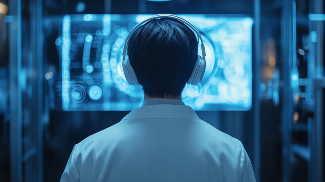 Rear back view of doctor wearing headphones, looking at digital hologram display screen. futuristic technology interface in health care clinic, virtual screen innovation, hospital medicine research. - Powered by Adobe