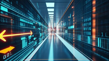 Digital Data Stream: Futuristic server room corridor with glowing binary code and directional arrows.  A visualization of high-tech data flow and processing. - Powered by Adobe