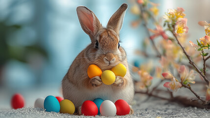 Cute Rabbit with Decorated Easter Eggs