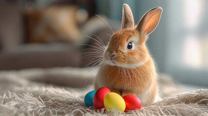 Sweet Bunny with Red, Blue, and Yellow Eggs