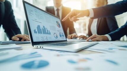 Business team discusses marketing strategy on laptop screen. Diverse professionals analyze charts, graphs on laptop. Documents with data scattered around table. Modern businesspeople gather to
