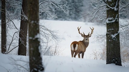 A festive Christmas banner featuring a magical scene of a reindeer standing at the center of a snowy forest. 