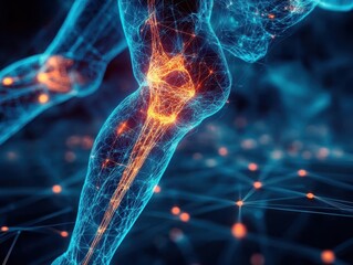A symbolic glowing diagram showing joint mobility improvement after combining exercise and medication, dramatic lighting