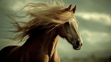 Majestic palomino horse with flowing mane and tail against a dramatic sky.
