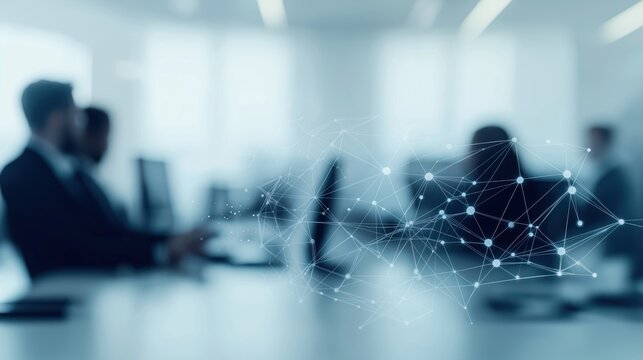 Business people work in smart office. Network communication connects tech workers. Modern office environment shows digital transformation. Generative AI tools help with tasks. Team collaboration,