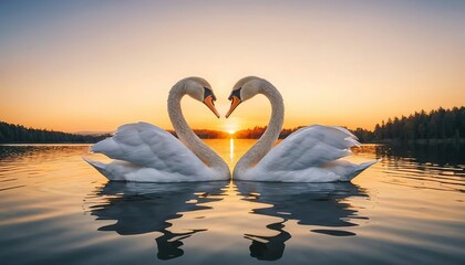 Fototapeta premium Two Elegant Swans Forming a Heart Shape on a Serene Lake at Sunset - A Romantic Symbol of Love and Tranquility