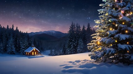Fototapeta premium A magical Christmas scene in a winter forest at night. A beautifully decorated Christmas tree stands tall on a snowy landscape, illuminated by a shiny star on top.