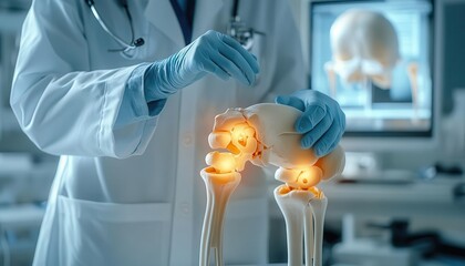 An orthopedic surgeon explaining joint replacement options, glowing models of knee and hip joints visible in the background