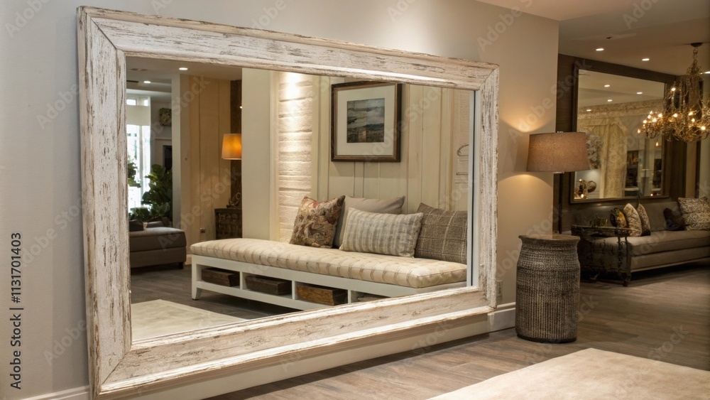 Poster Above the bench hangs an elegant oversized mirror framed in distressed white wood reflecting light and creating a sense of openness in the space.