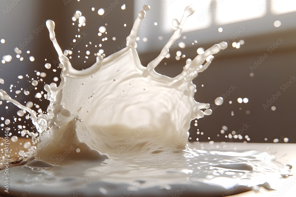 Poster a dynamic splash of milk creating droplets in a bright, airy environment.