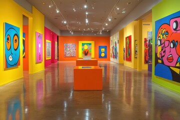 Vibrant modern art gallery interior with colorful paintings and sculptures on display.