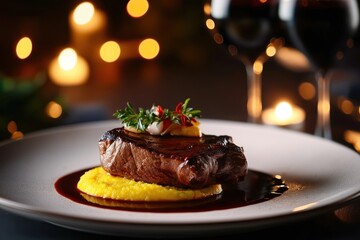 Gourmet steak dinner served in candlelit restaurant setting. Delicious dish with cooked steak on top of yellow mashed potatoes. Red wine glasses, lit candles in background create romantic ambience.