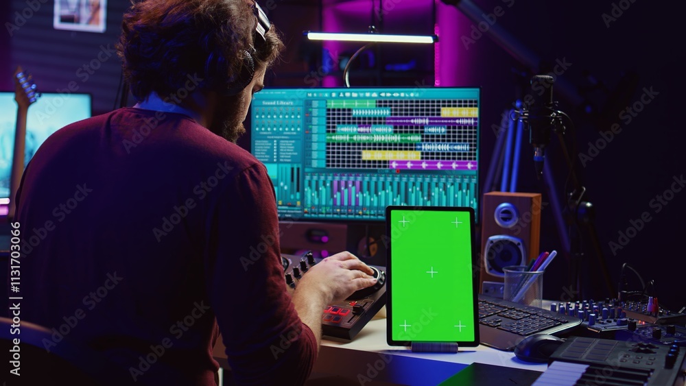 Poster music producer songwriter mixing tunes on stereo console, recording sounds next to tablet with green