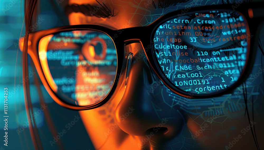 Poster glasses reflecting computer code and face