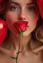 Young caucasian female with red rose and heart balloons close-up