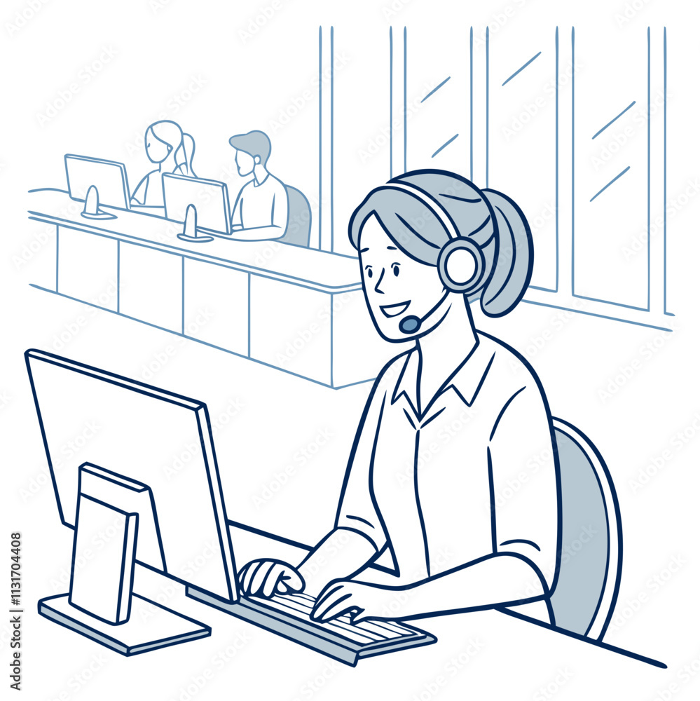 Poster call center operator assisting customers with inquiries during daytime shift in a busy office enviro