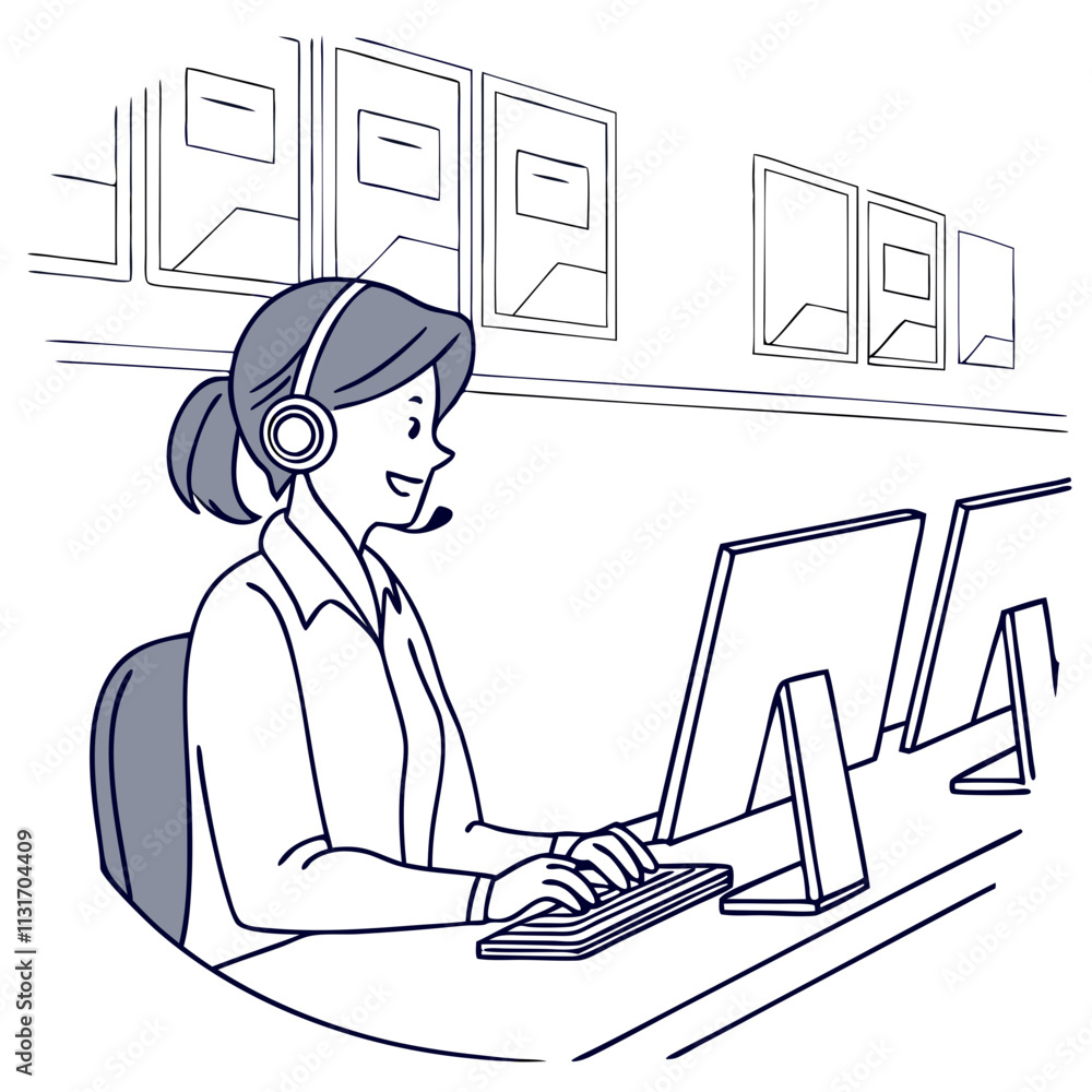 Poster call center operator assisting customers through headset in a busy work environment