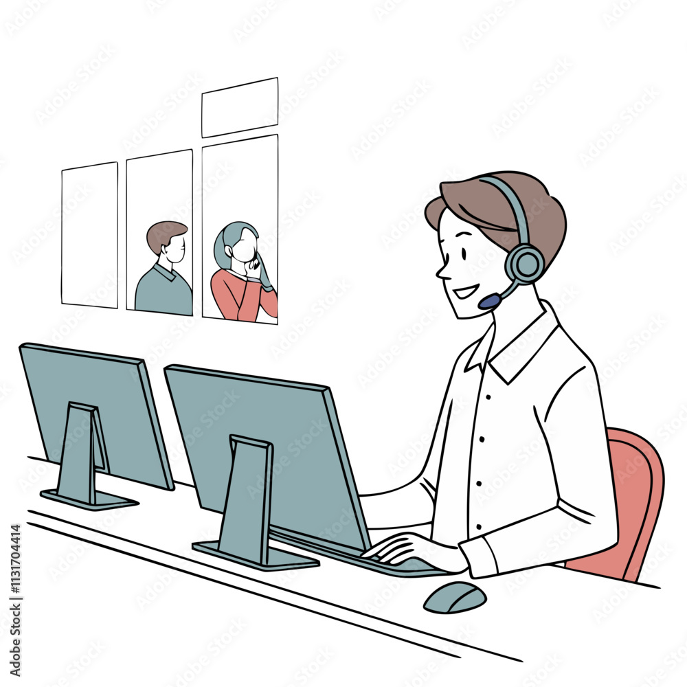 Poster Call center operator assisting customers while working at a desk with multiple monitors during daytime hours