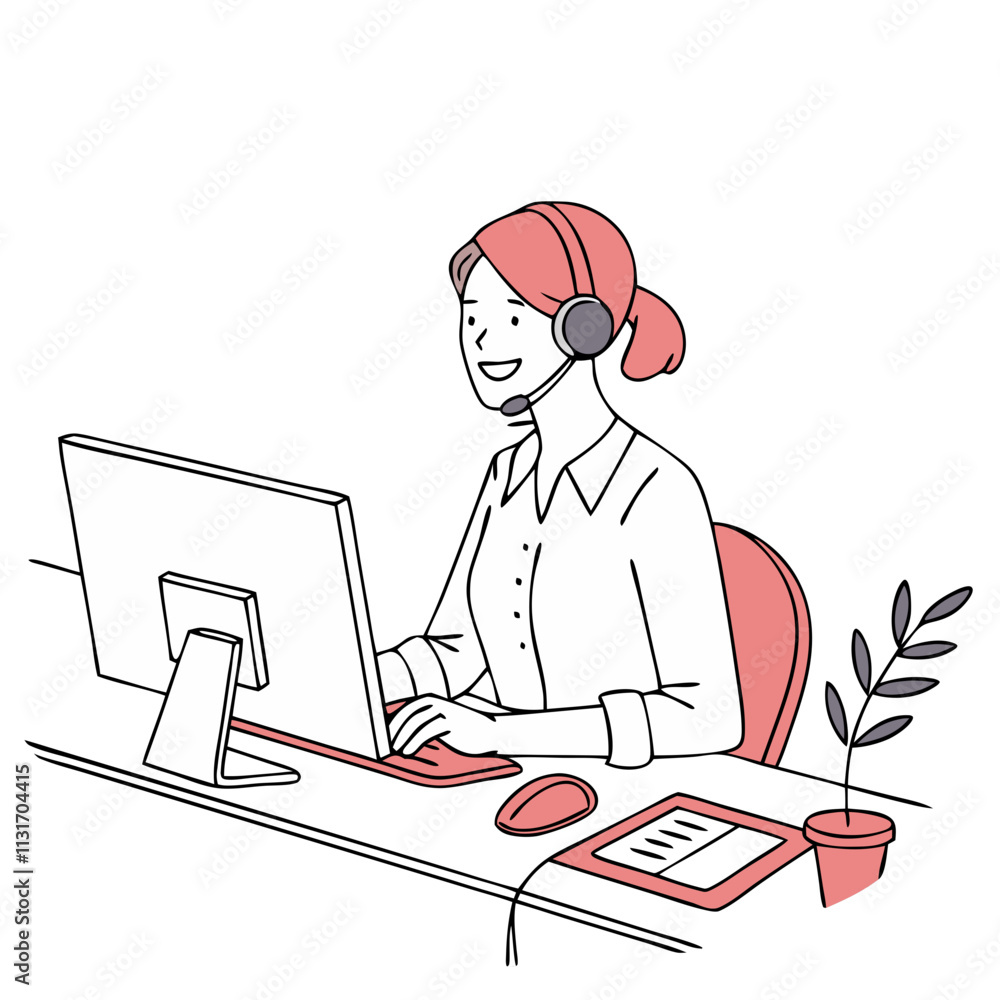 Poster Call center operator working at a desk with a computer and headset while efficiently handling customer inquiries