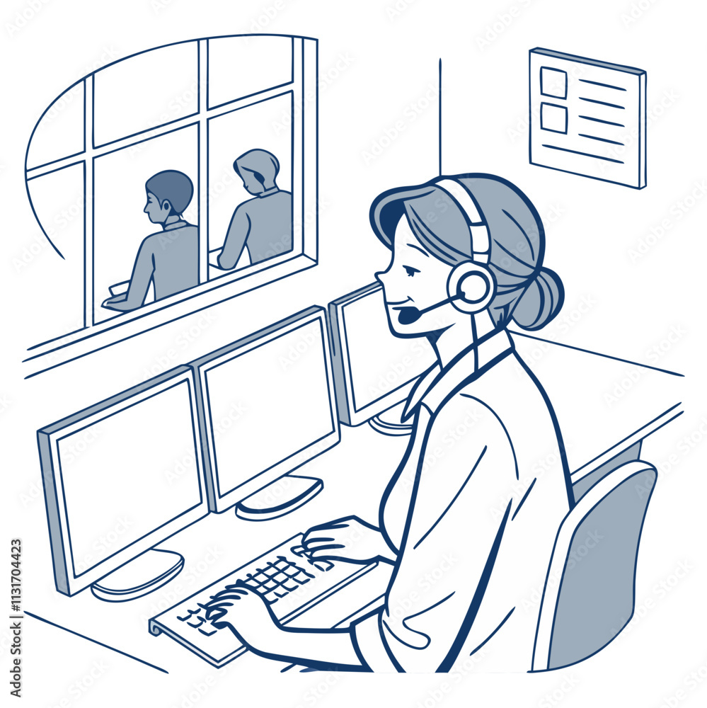Poster call center operator assisting customers with inquiries during a busy workday in a modern office env